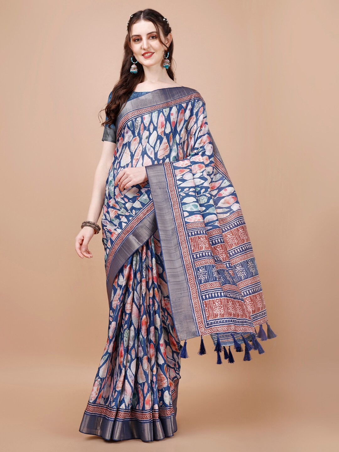 

JUST FASHION Abstract Printed Zari Silk Blend Tussar Saree, Blue