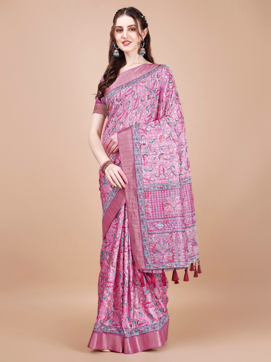 

JUST FASHION Floral Printed Zari Silk Blend Tussar Saree, Pink