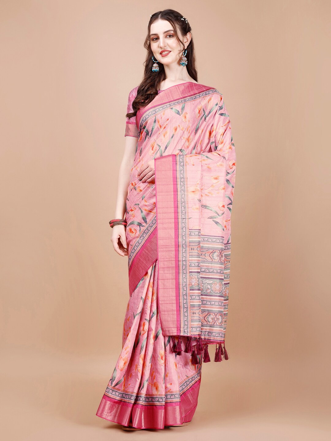

JUST FASHION Floral Printed Zari Silk Blend Tussar Saree, Pink