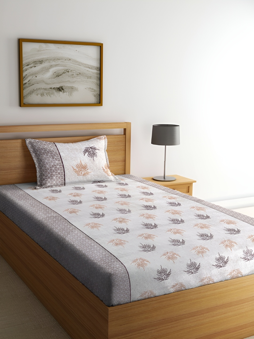 

ERIC LONDON Grey and Beige Floral 144 TC Single Bedsheet with 1 Pillow Covers