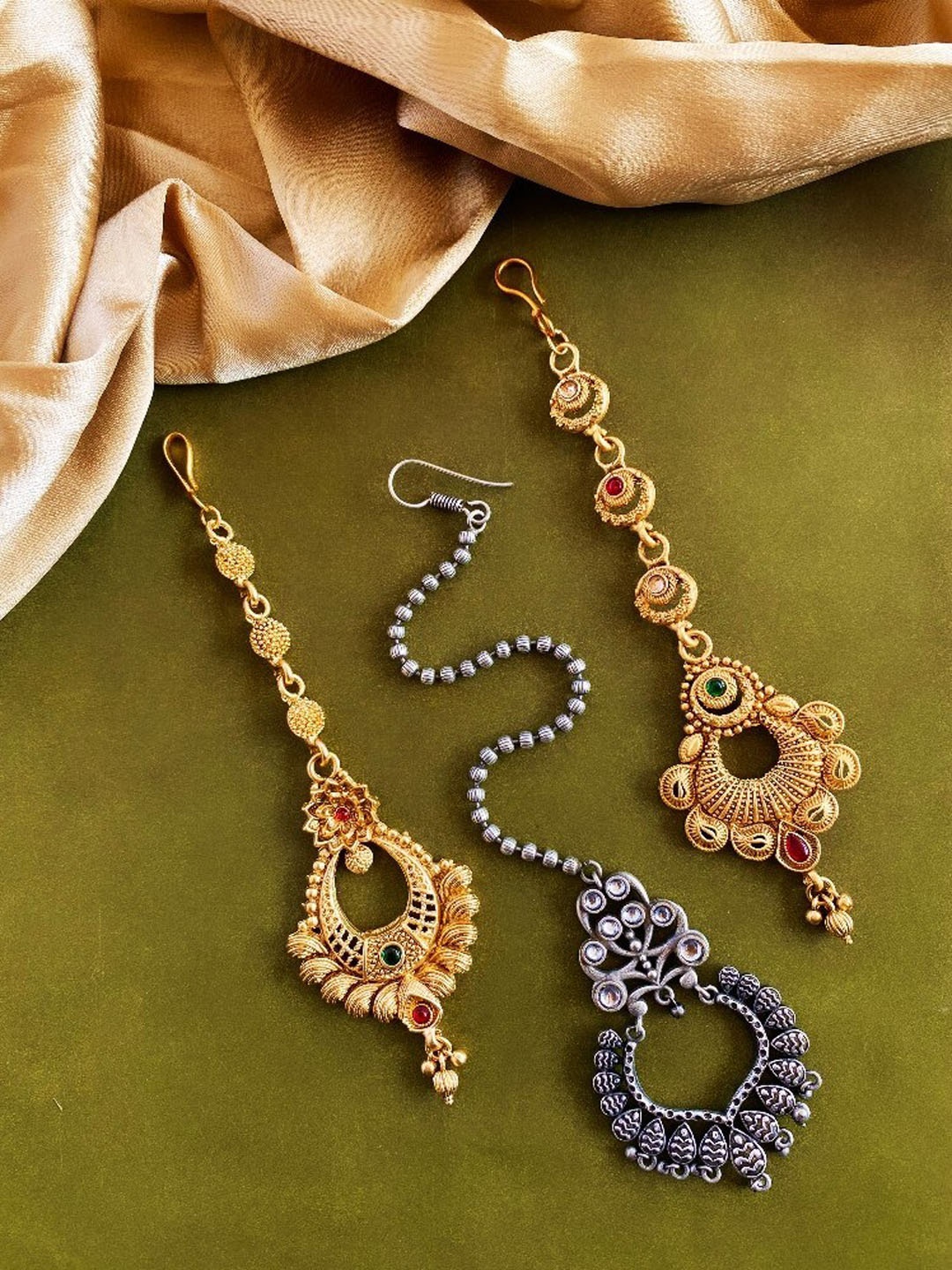 

ATIBELLE Set Of 3 Gold-Plated Stone-Studded Manngtikka