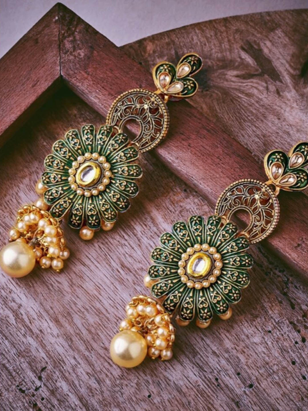 

ATIBELLE Gold-Plated Stone-Studded Beaded Contemporary Drop Earrings, Green