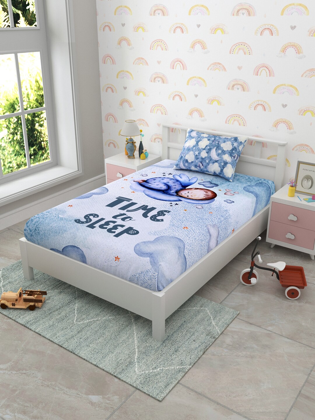 

EverHOME Blue Cartoon Characters 160 TC Single Bedsheet Set