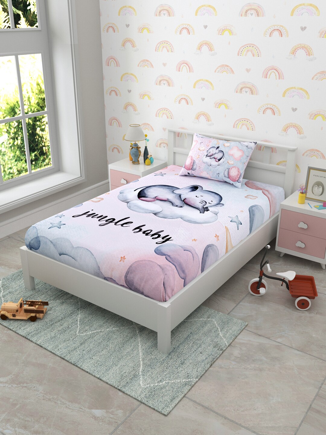 

EverHOME Pink Cartoon Characters 160 TC Single Bedsheet with 2 Pillow Covers