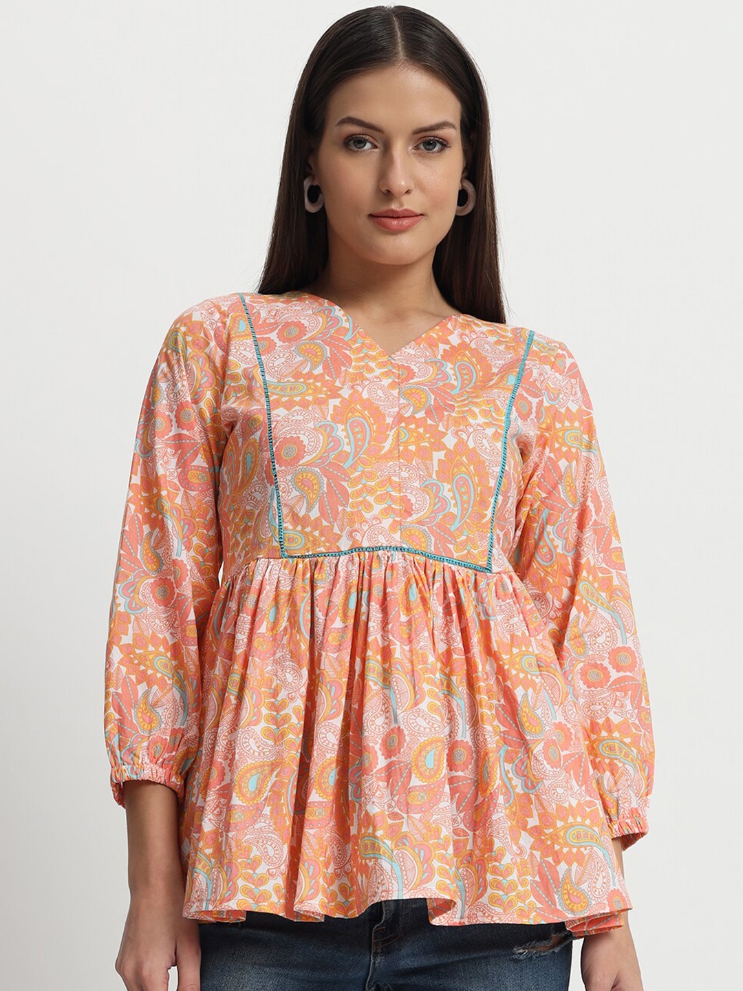 

ISAM Floral Printed Pure Cotton Peplum Top, Orange