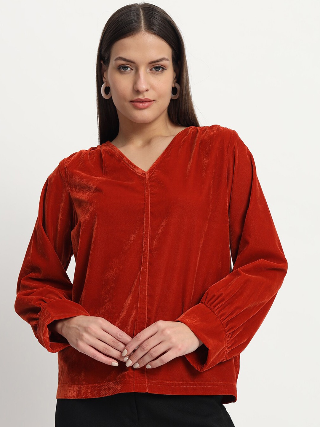 

ISAM V-Neck Cuffed Sleeves Velvet Top, Rust