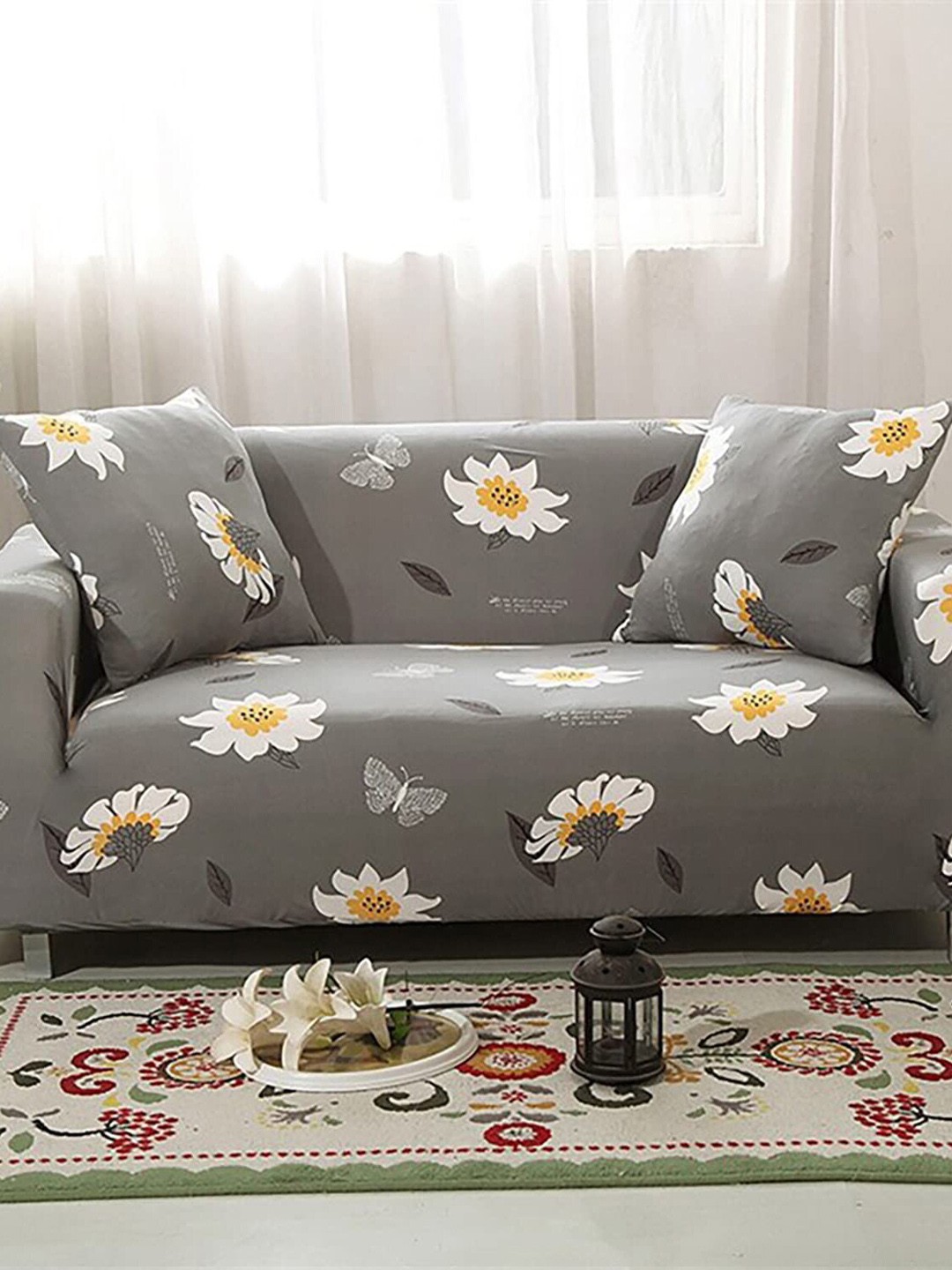 

HOUSE OF QUIRK Grey & White Floral Printed Double Seater Elasticated Sofa Cover With Arms