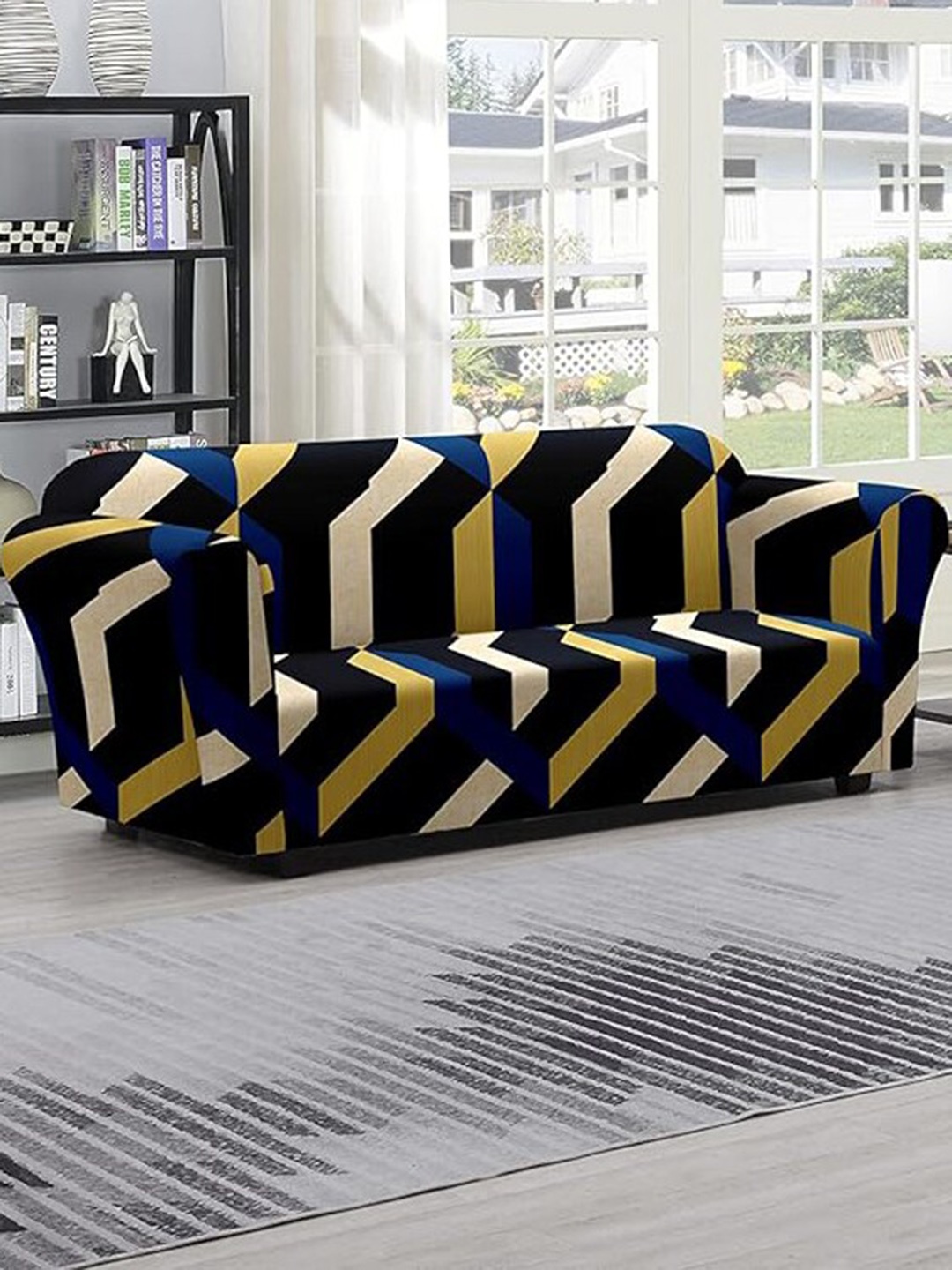 

HOUSE OF QUIRK Blue & Beige Abstract Triple Seater Elasticated Sofa Cover With Arms