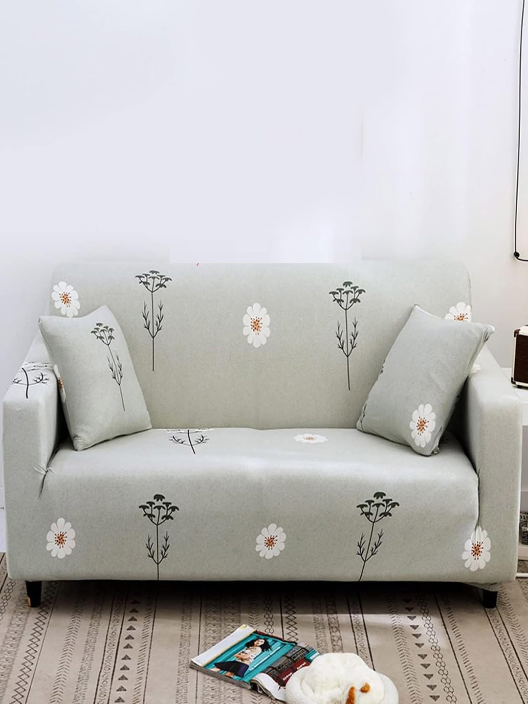 

HOUSE OF QUIRK Grey & White Floral Printed Four Seater Elasticated Sofa Cover With Arms