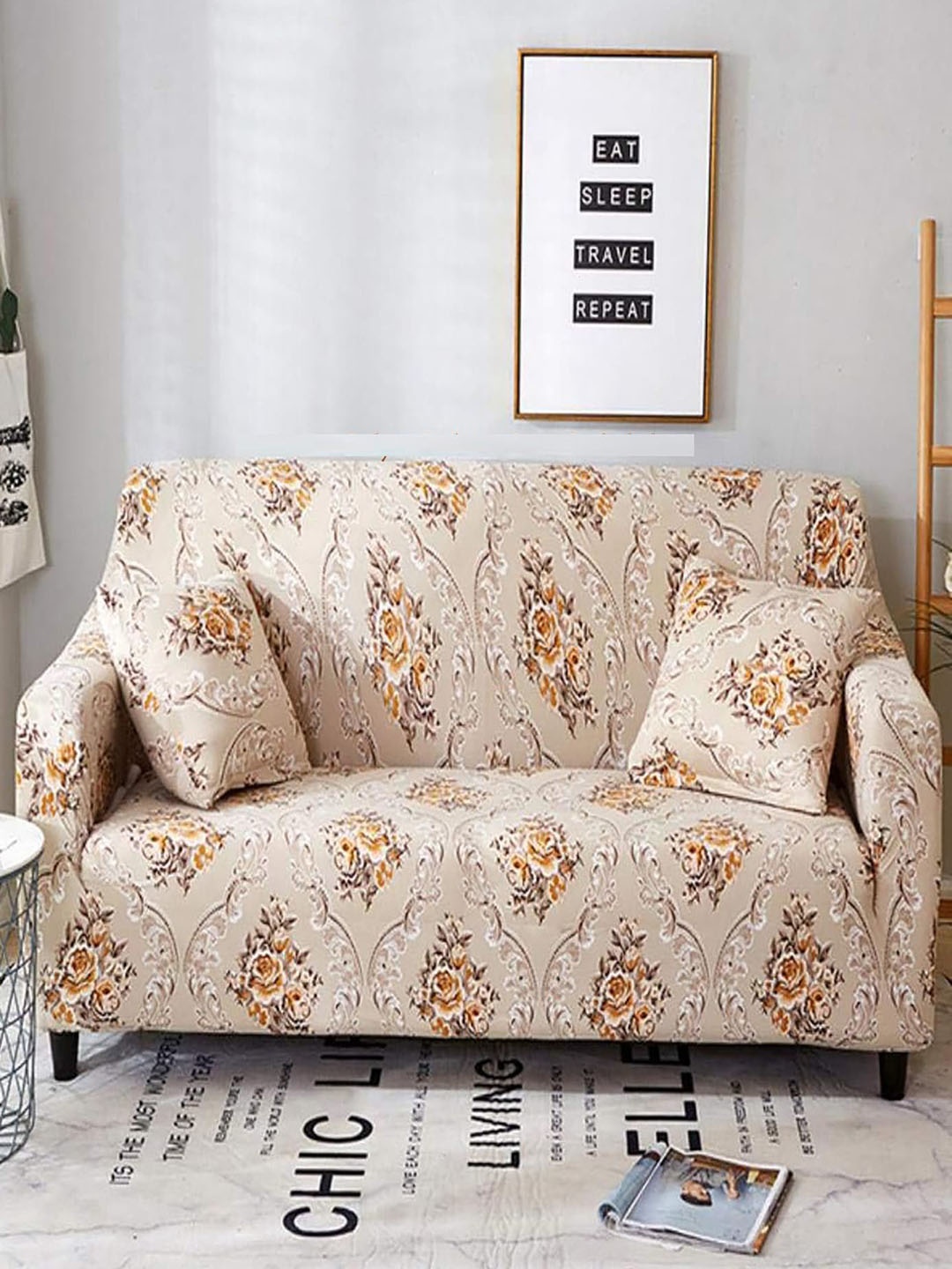 

HOUSE OF QUIRK Beige & White Floral Printed Triple Seater Elasticated Sofa Cover With Arms