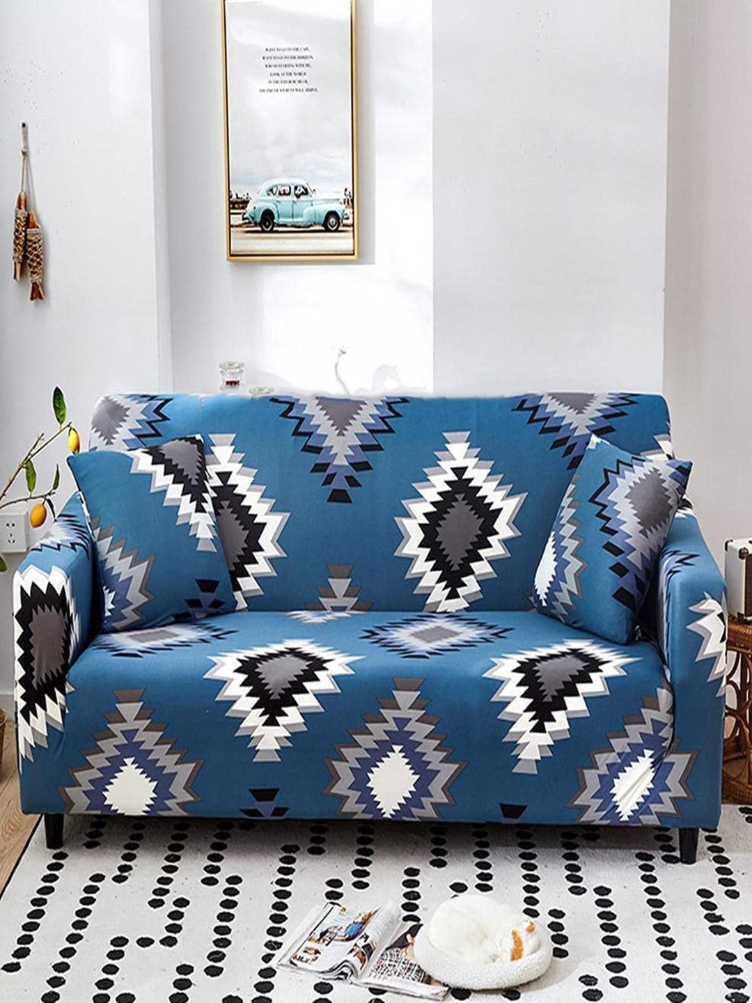 

HOUSE OF QUIRK Blue & White Geometric Four Seater Elasticated Sofa Cover With Arms