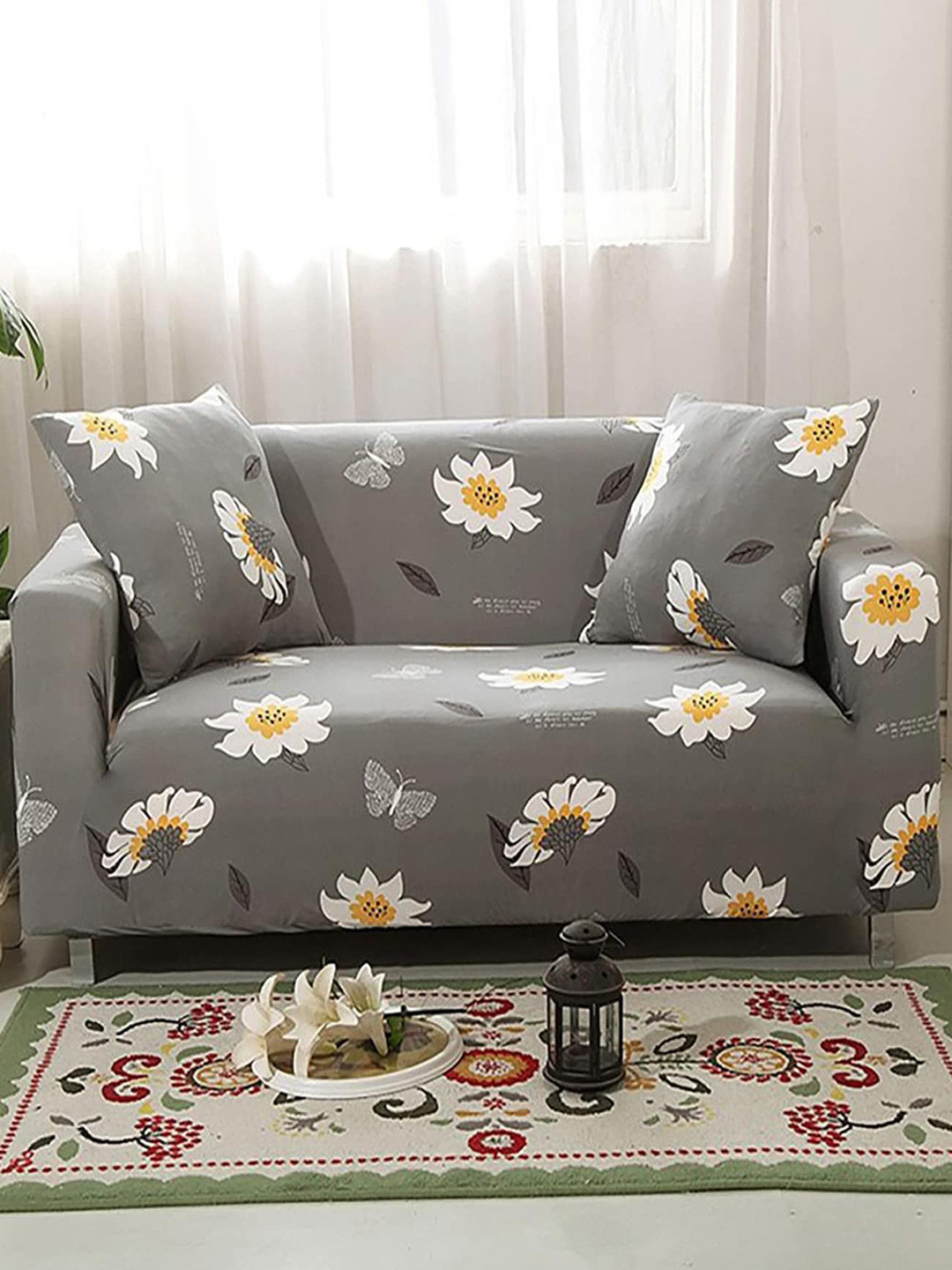 

HOUSE OF QUIRK Grey & White Floral Printed Triple Seater Elasticated Sofa Cover With Arms