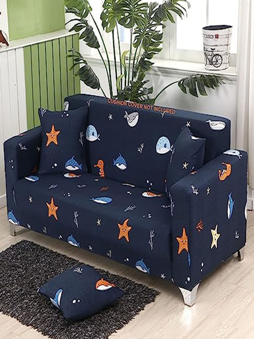 

HOUSE OF QUIRK Blue & Orange Abstract Single Seater Elasticated Sofa Cover With Arms