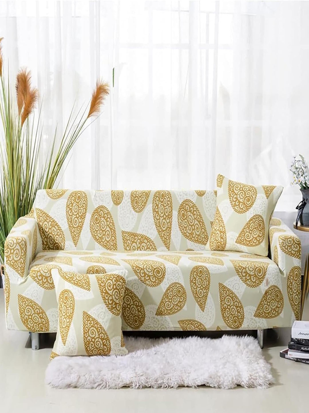 

HOUSE OF QUIRK Mustard & White Single Seater Printed Sofa Slipcover With Arms