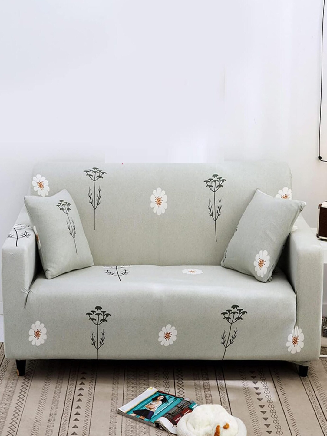 

HOUSE OF QUIRK Grey & White Floral Printed Single Seater Elasticated Sofa Cover With Arms