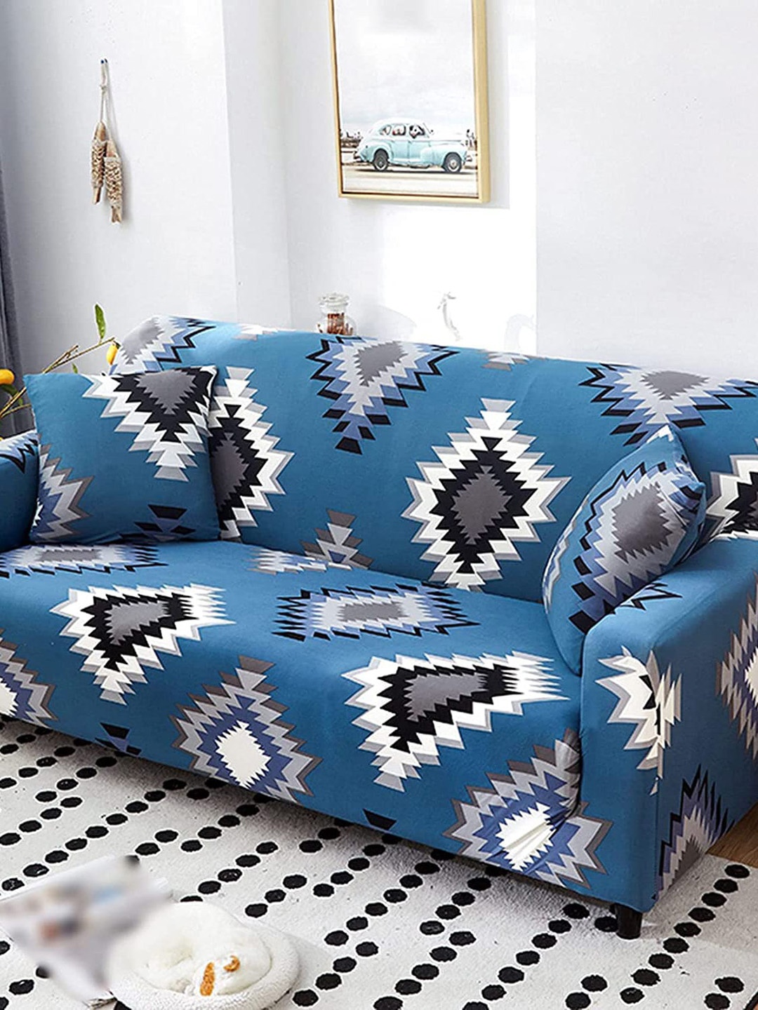 

HOUSE OF QUIRK Blue & White Geometric Single Seater Elasticated Sofa Cover With Arms