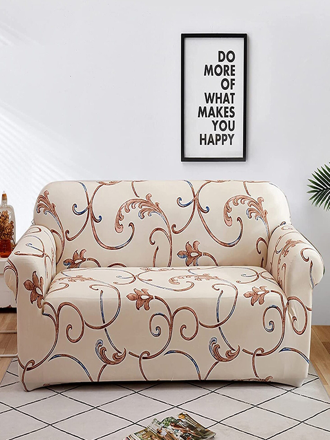 

HOUSE OF QUIRK Beige & Brown Floral Printed Single Seater Elasticated Sofa Cover With Arms