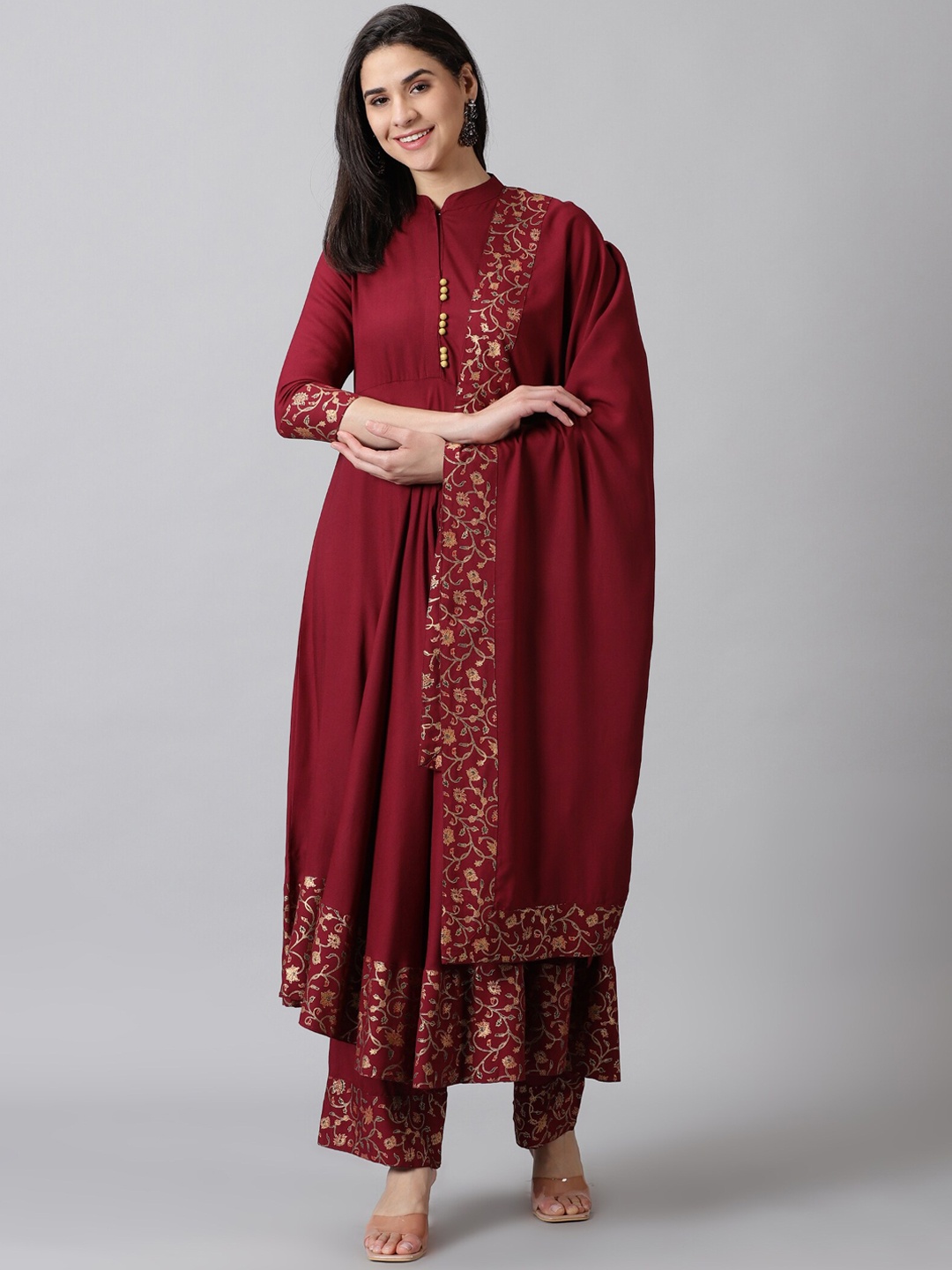 

KALINI Floral Printed Band Collar Anarkali Kurta with Trouser & Dupatta, Maroon