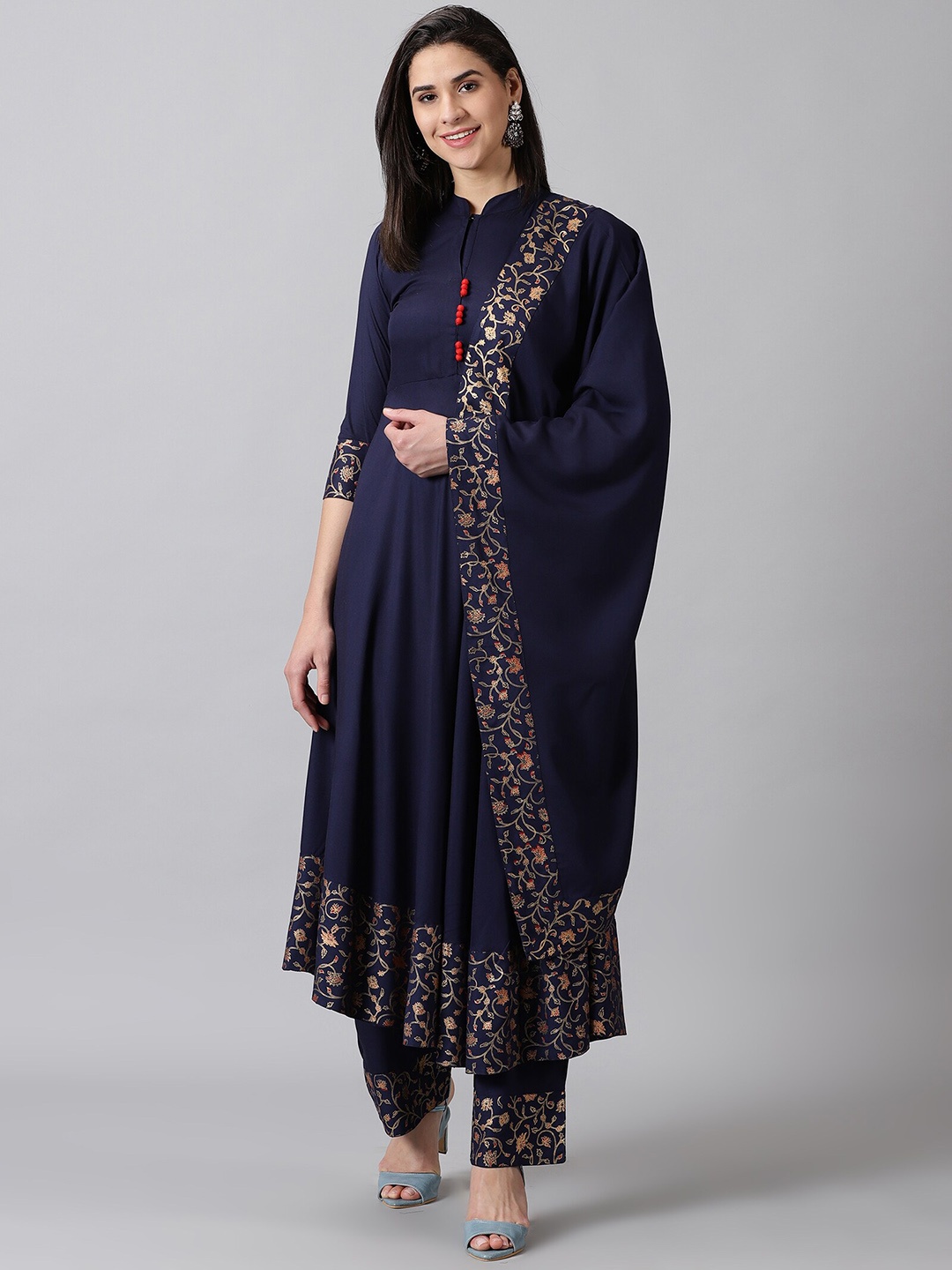 

KALINI Floral Printed Band Collar Anarkali Kurta with Trouser & Dupatta, Blue
