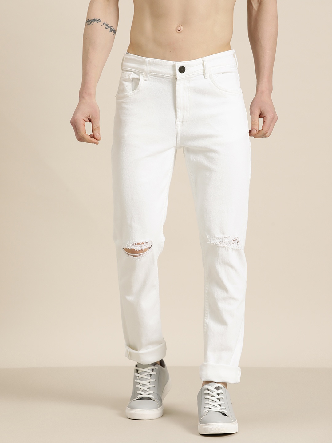 

HERE&NOW Men Slim Fit Slash Knee Stretchable Jeans, White