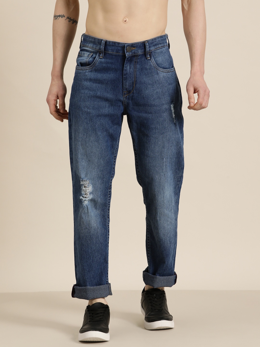 

HERE&NOW Men Slim Fit Low Distress Light Fade Stretchable Jeans, Navy blue