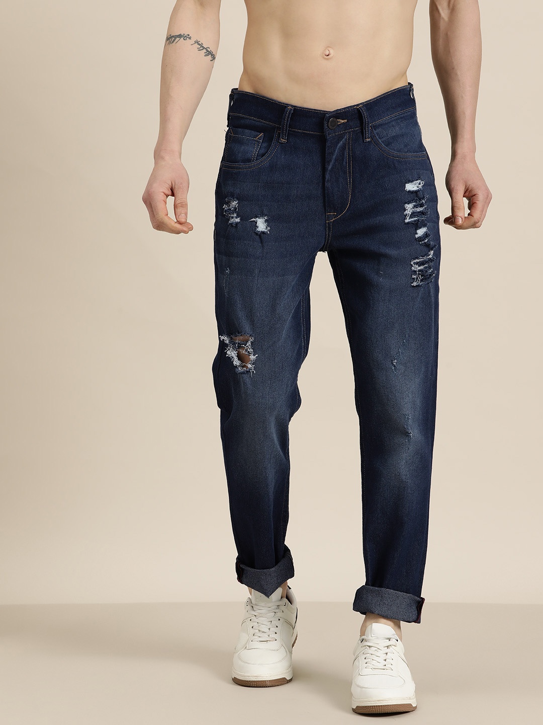 

HERE&NOW Men Tapered Fit Mildly Distressed Light Fade Stretchable Jeans, Navy blue
