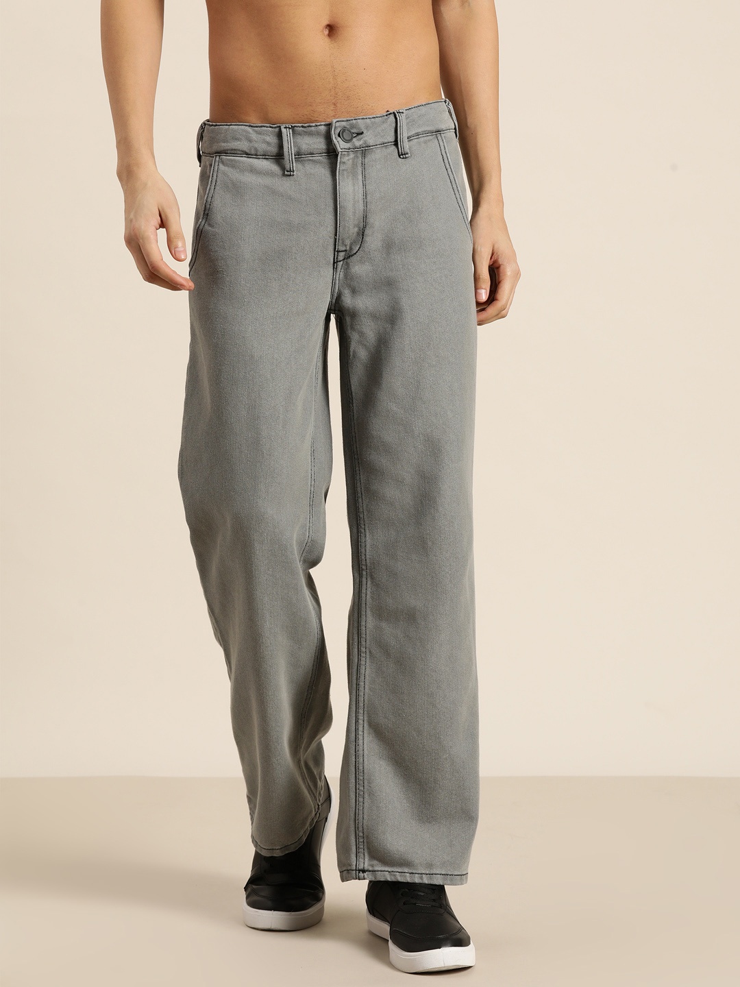 

HERE&NOW Men Baggy Fit Low-Rise Jeans, Grey