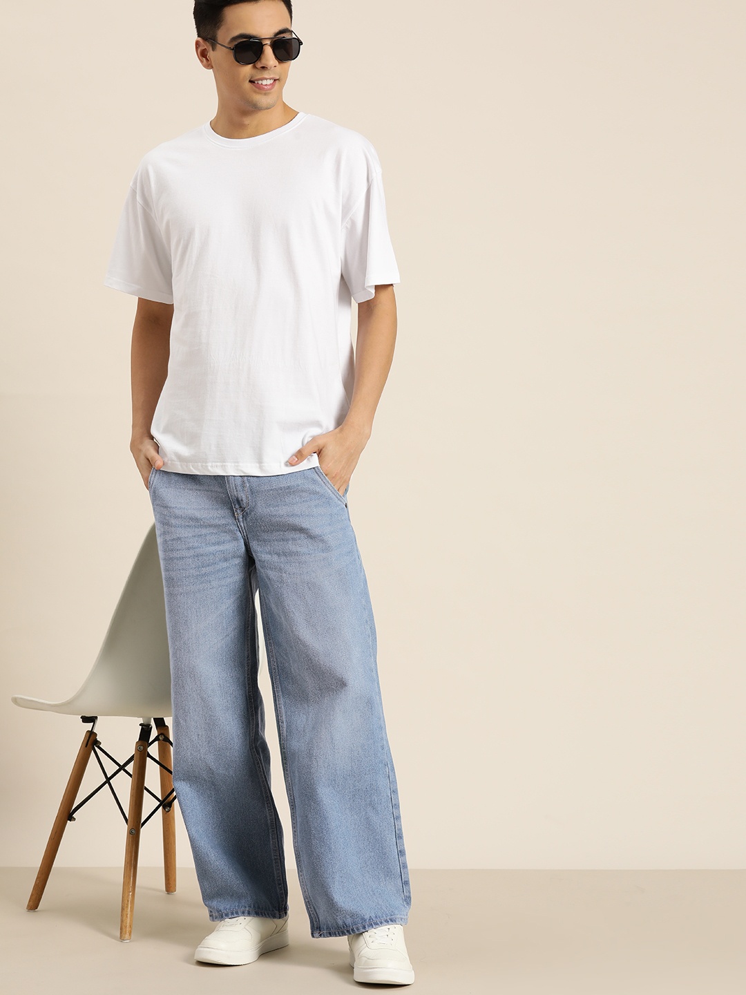 

HERE&NOW Men Baggy Fit Pure Cotton Light Fade Jeans, Blue