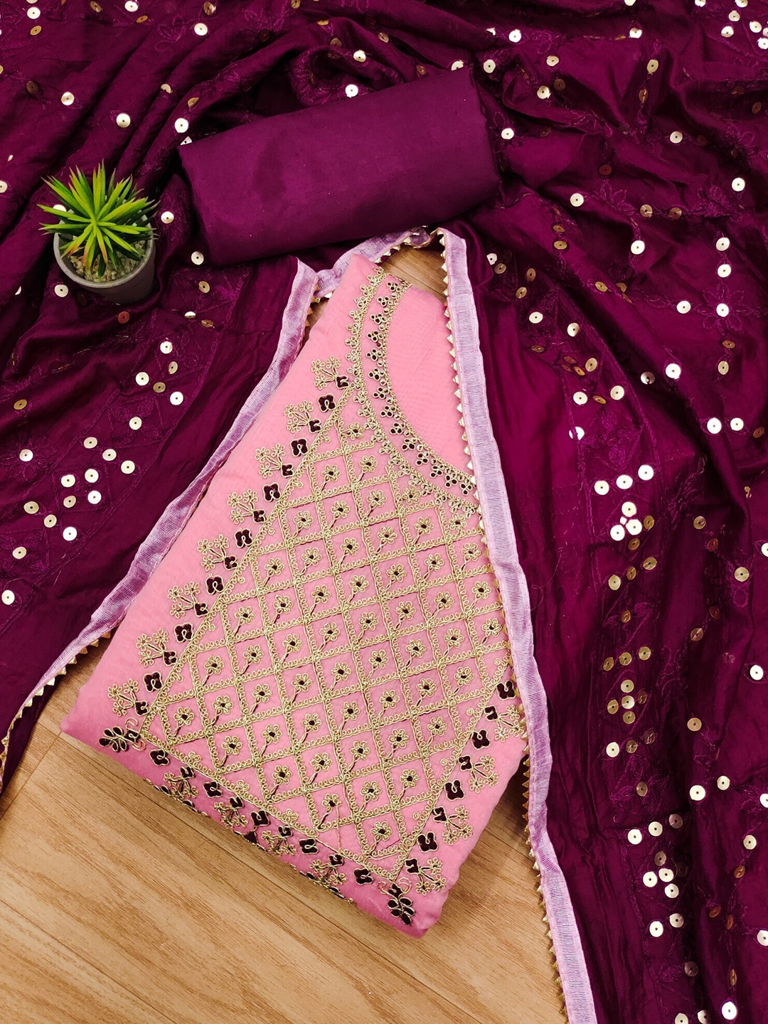 

Panzora Floral Embroidered Sequinned Chanderi Silk Unstitched Dress Material, Pink