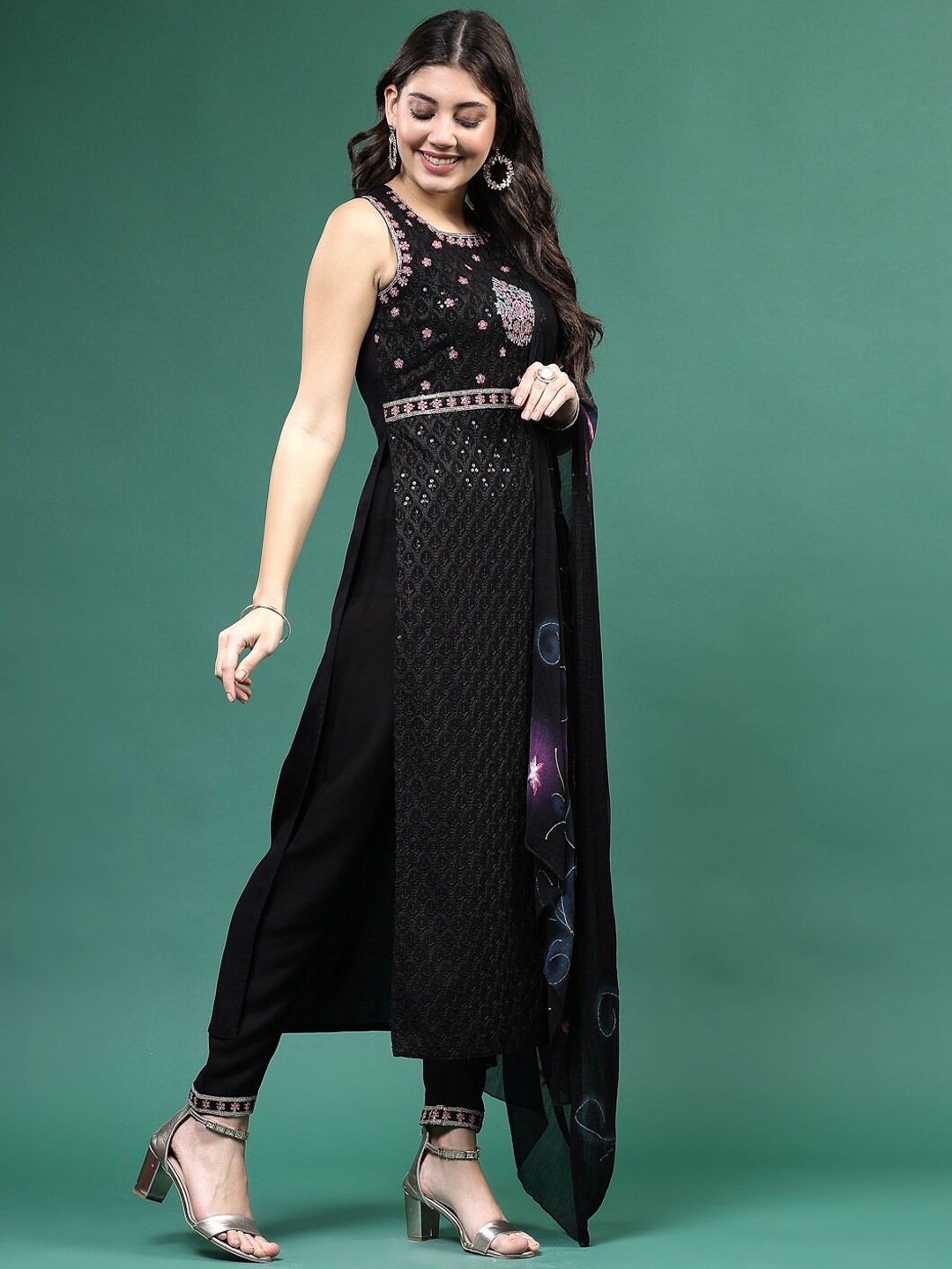 

Sangria Black Floral Embroidered Round Neck Straight Kurta With Trouser Dupatta