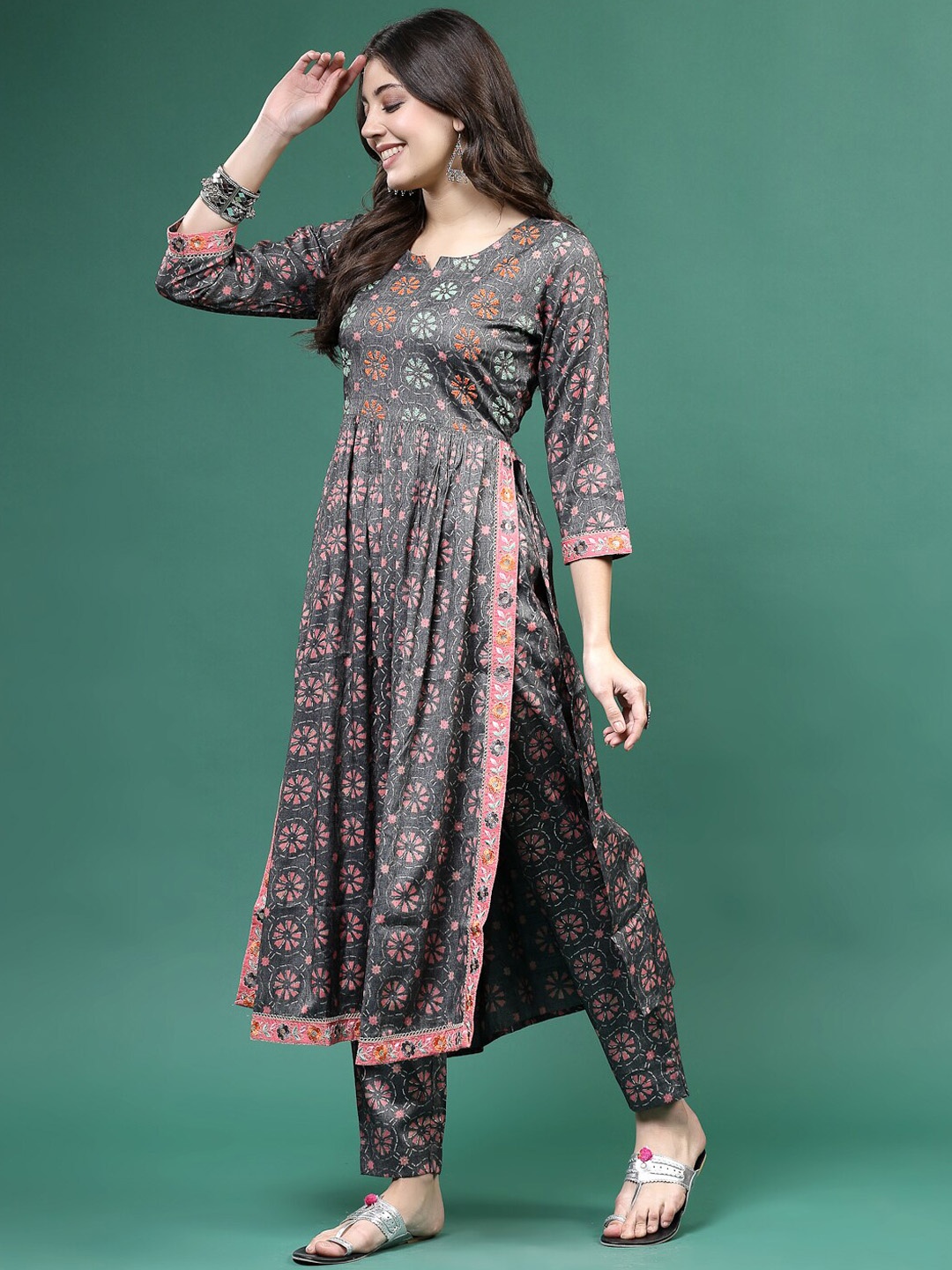 

Sangria Printed & Embroidered A Line Kurta With Trouser Set, Grey