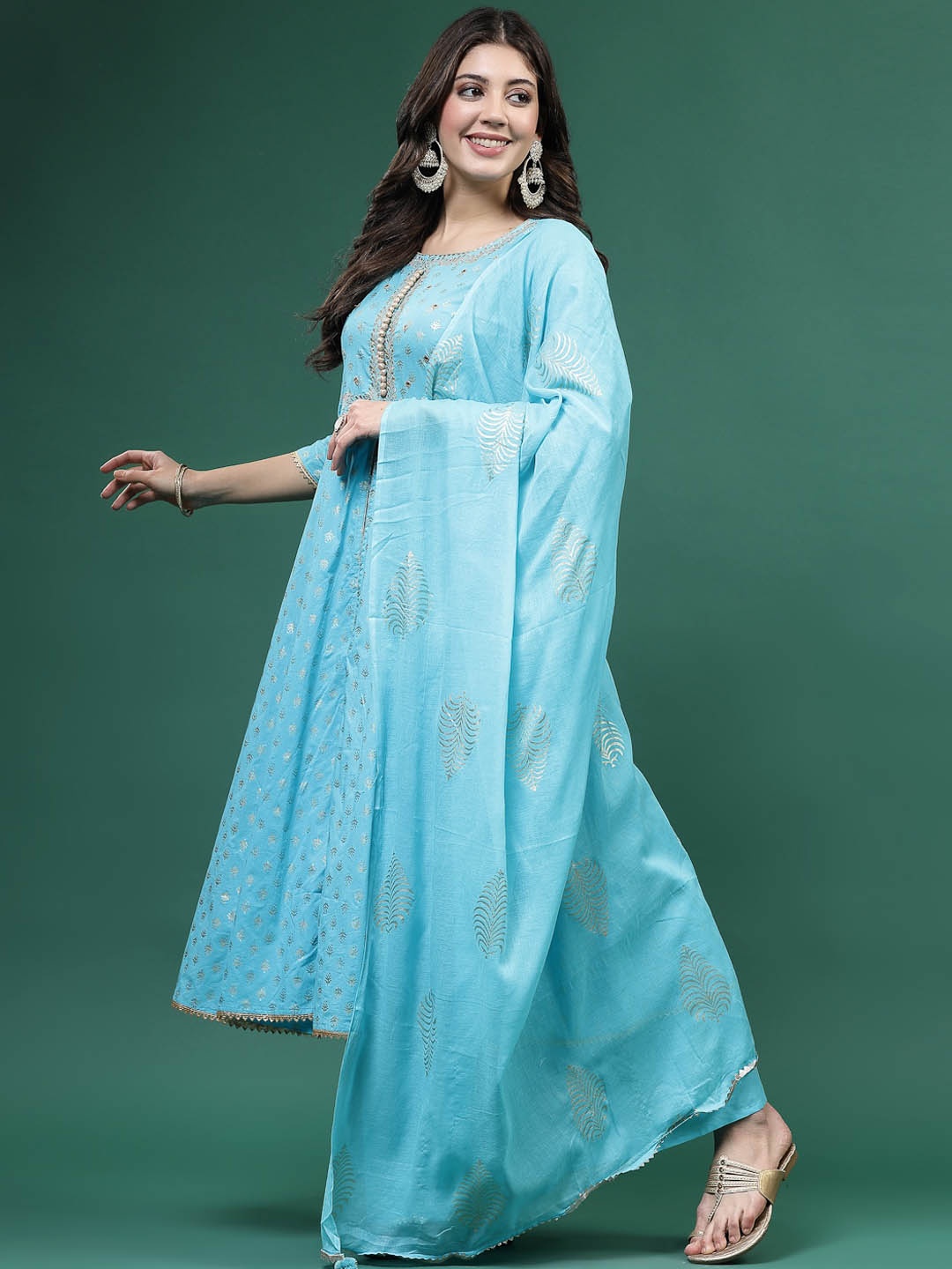 

Sangria Blue Floral Embroidered Round Neck Pure Cotton Kurta Palazzos Dupatta, Turquoise blue