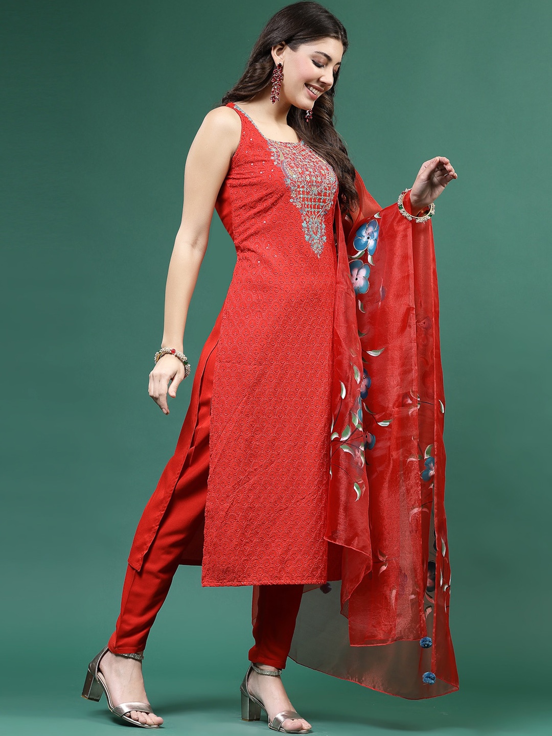 

Sangria Red Floral Embroidered Mirror Work Straight Kurta With Trouser Dupatta