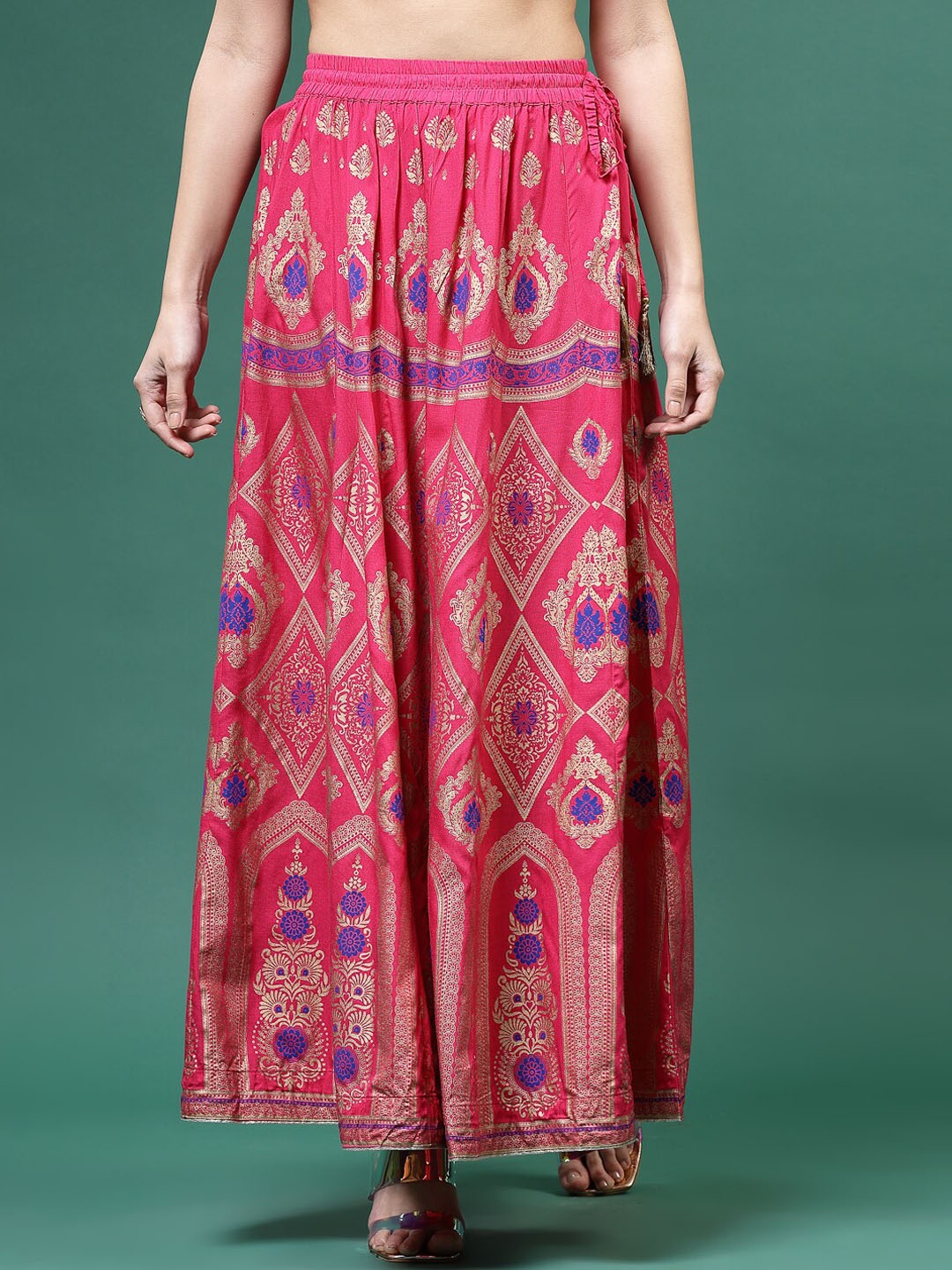 

Sangria Pink Ethnic Motifs Printed Gathered Detailed Liva Maxi Flared Skirt