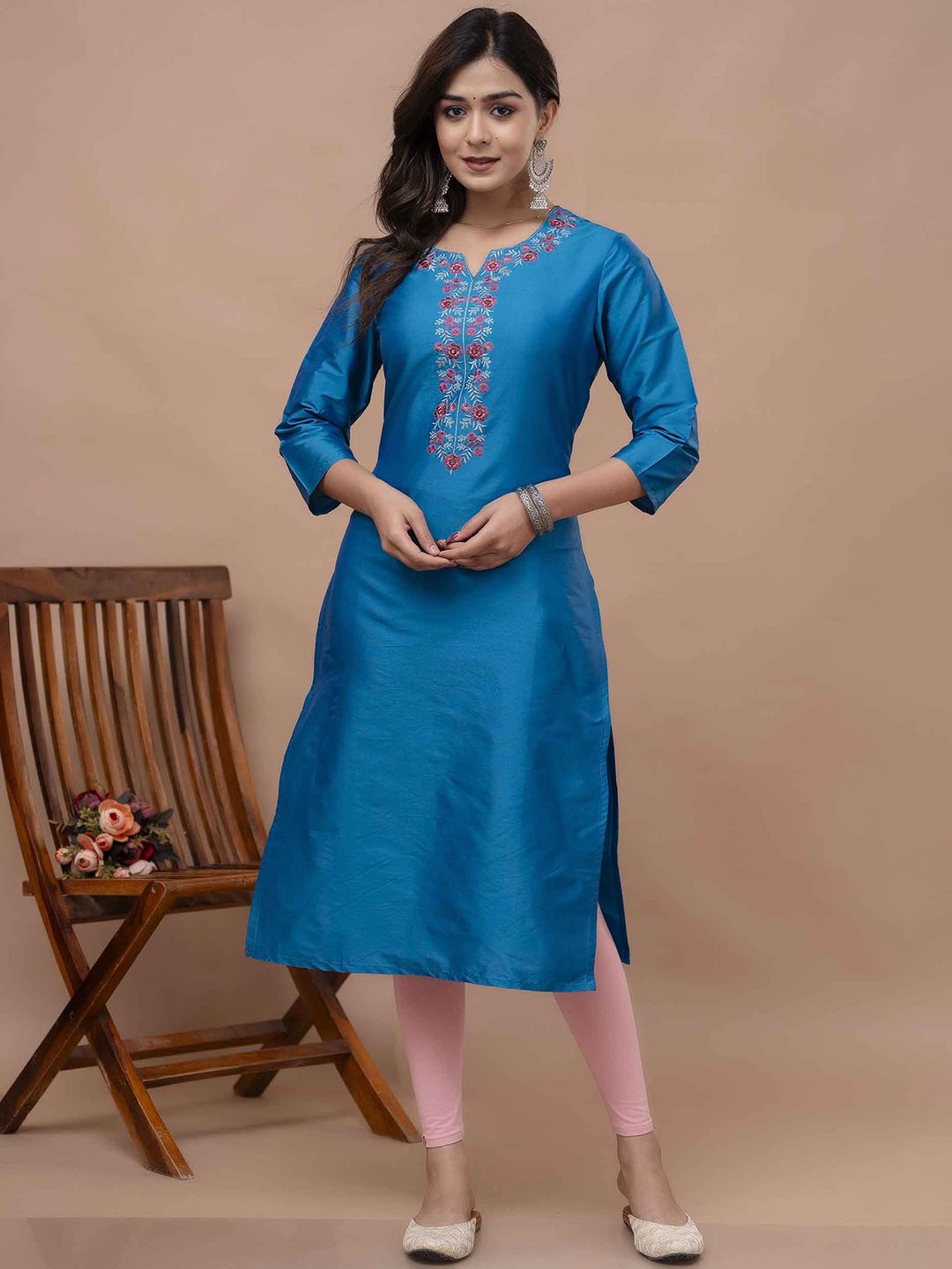 

Nehamta Embroidered Mirror Work Notched Neck Straight Kurta, Teal