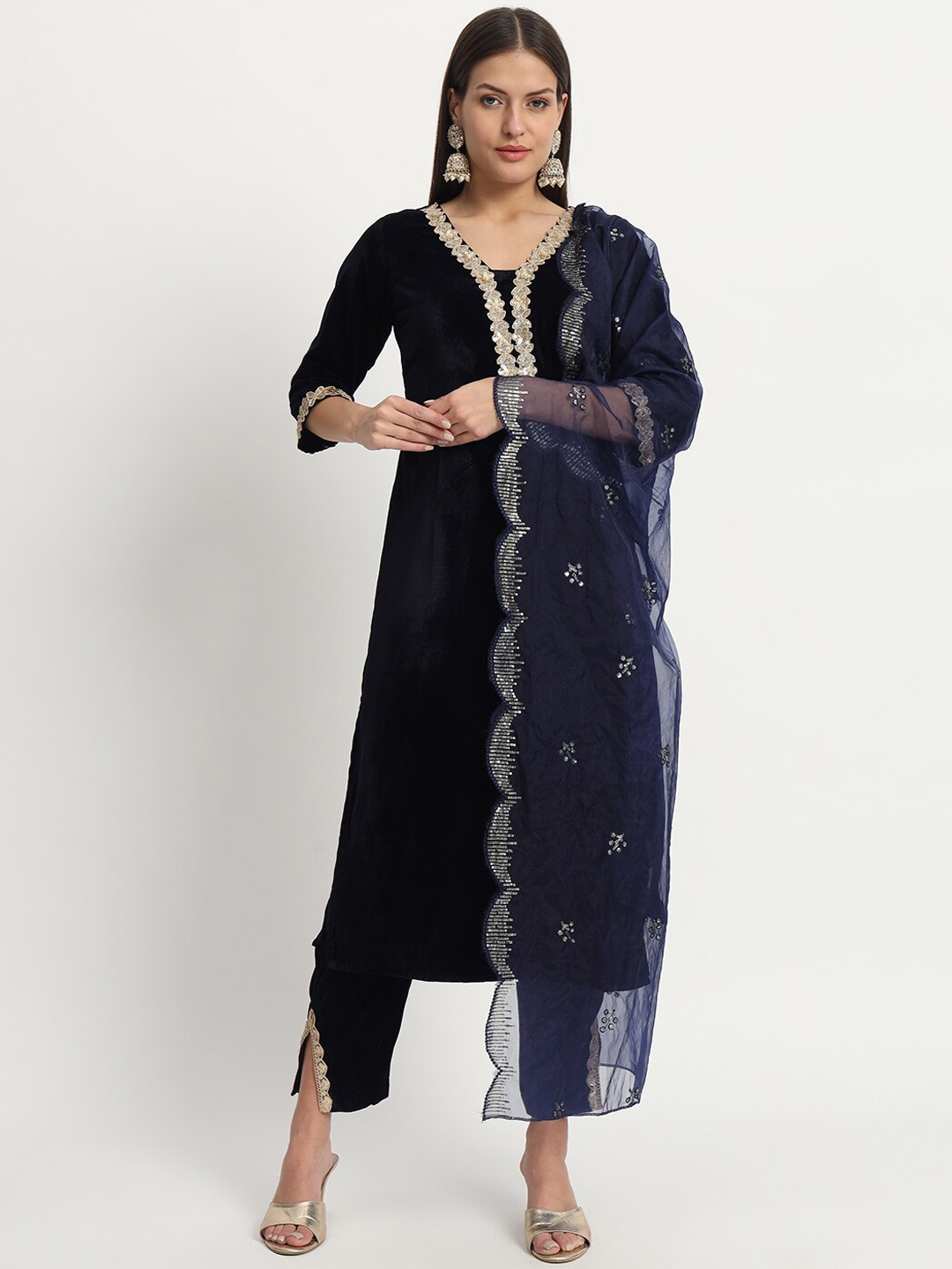 

ISAM Yoke Design Sequinned Velvet Kurta with Trousers & With Dupatta, Navy blue
