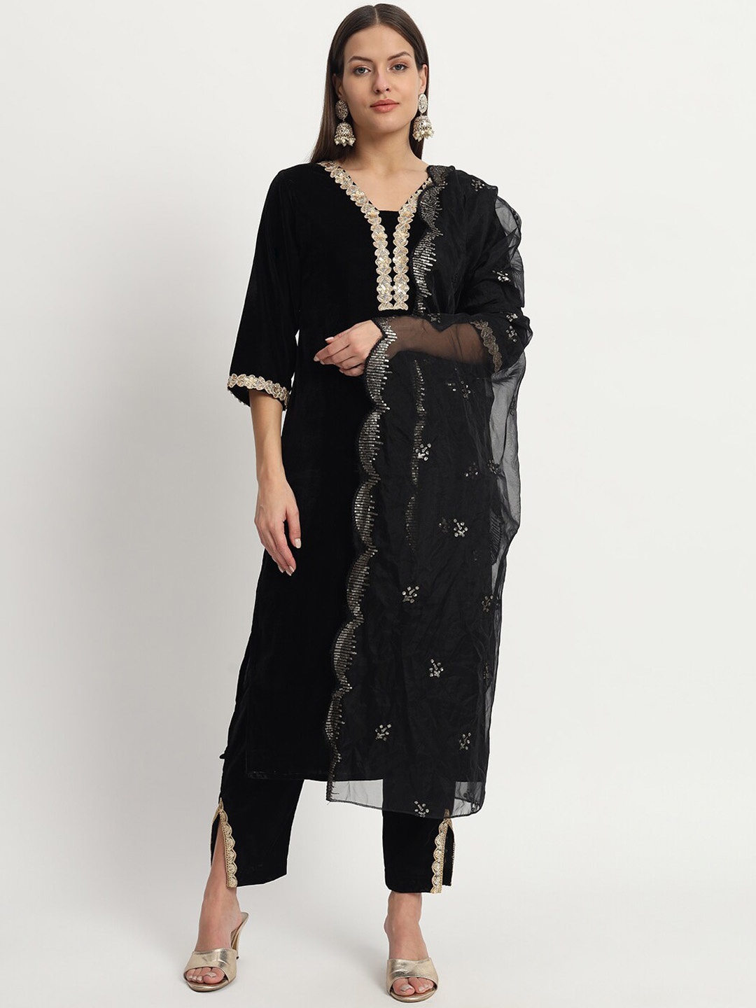 

ISAM Yoke Design Sequinned Velvet Kurta with Trousers & With Dupatta, Black