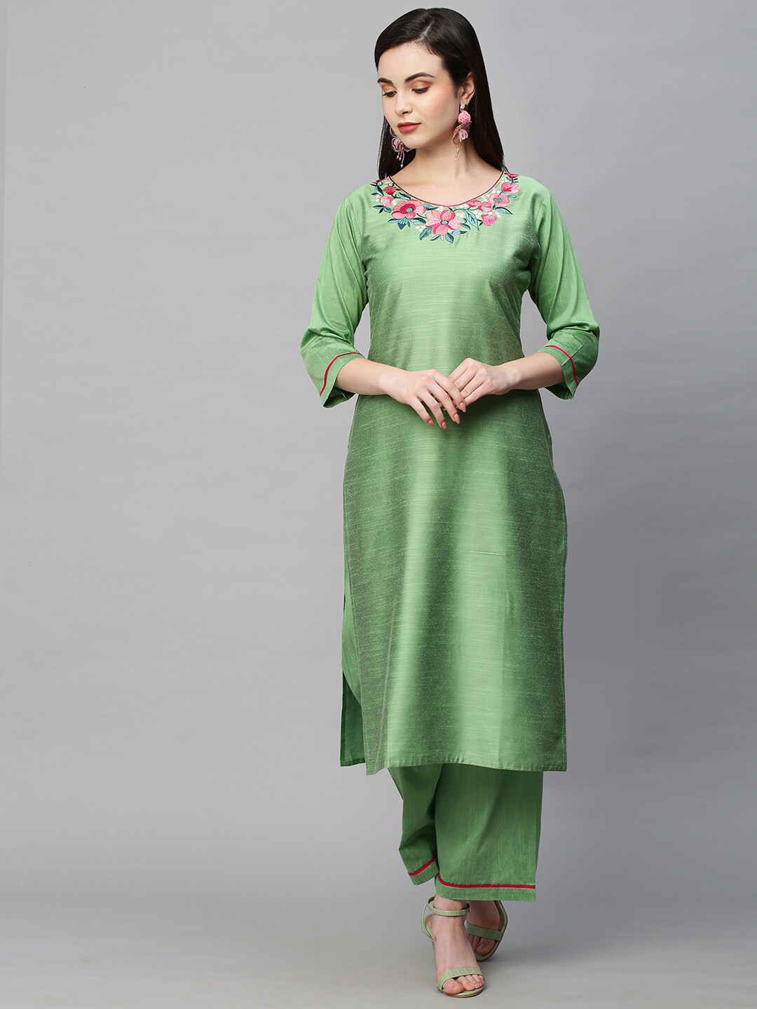 

AMRUTVARSHA CREATION Floral Embroidered Round Neck Straight Kurta with Palazzos & Dupatta, Lime green
