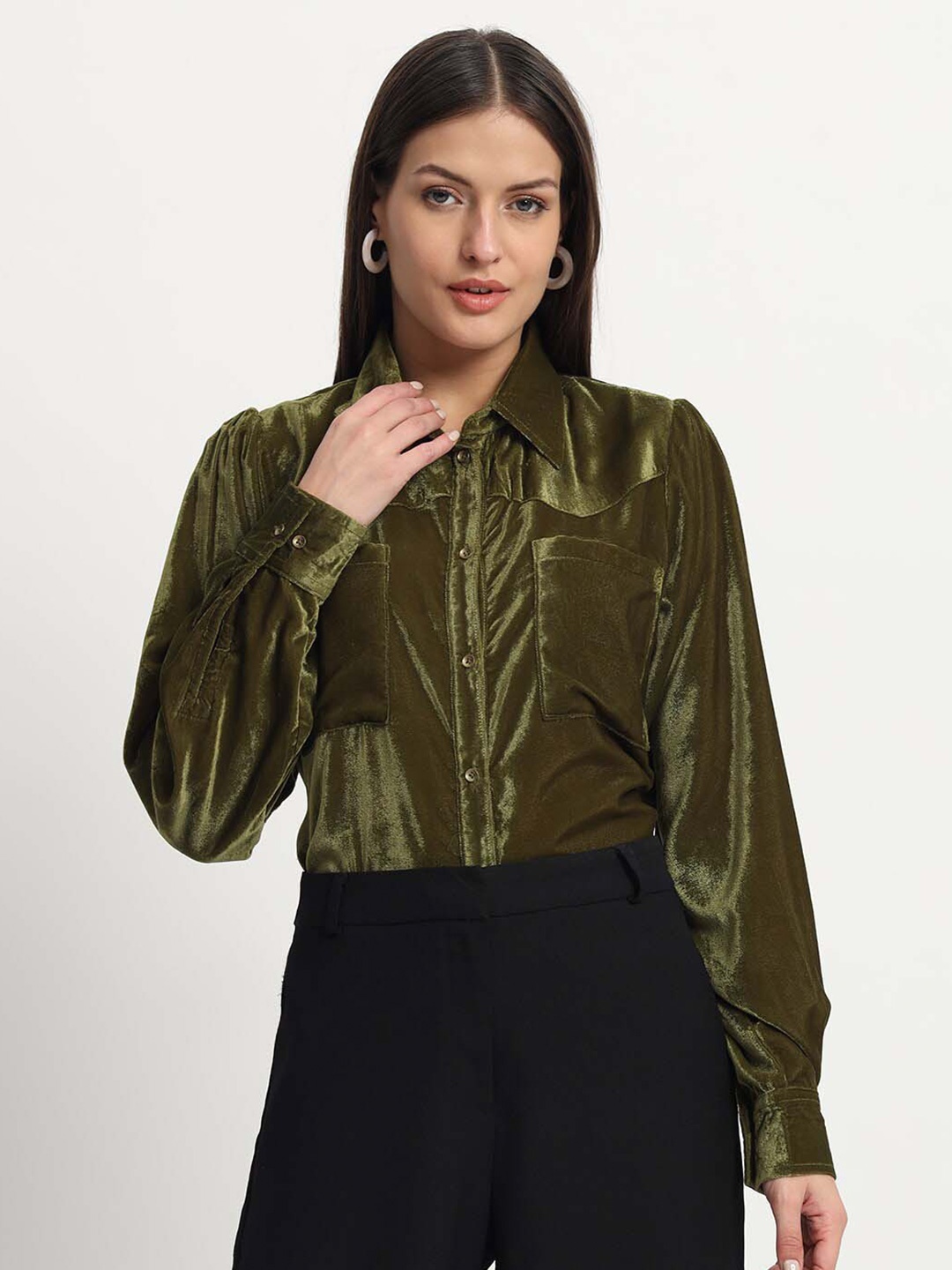 

ISAM Spread Collar Velvet Casual Shirt, Olive