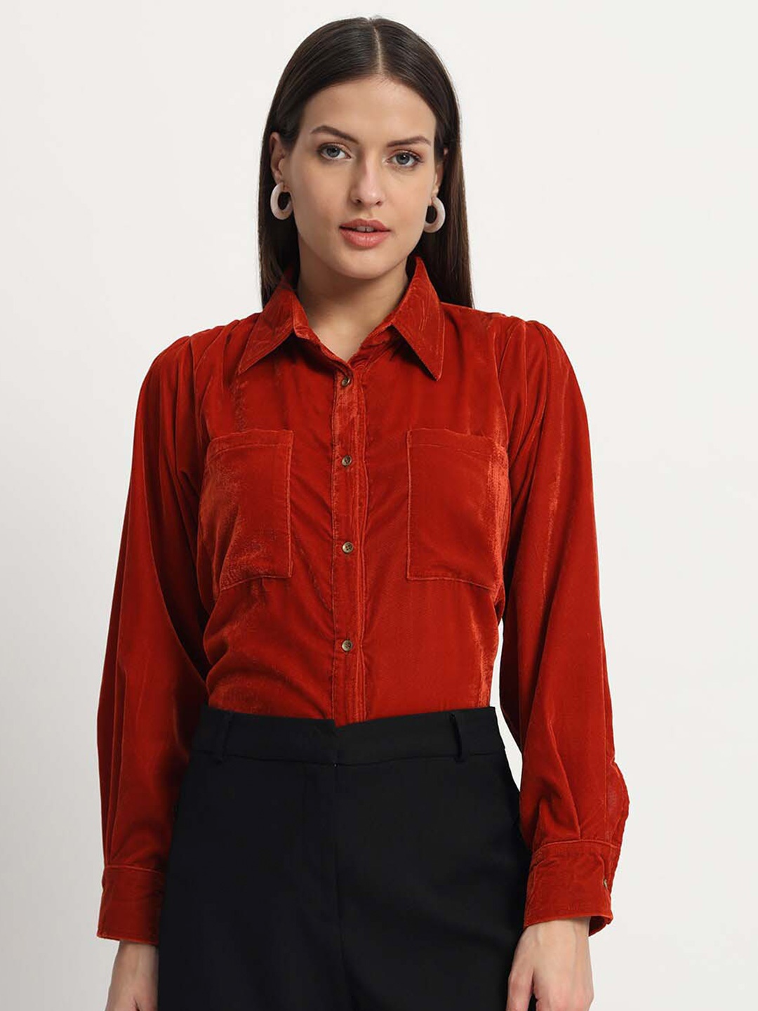 

ISAM Spread Collar Velvet Casual Shirt, Rust