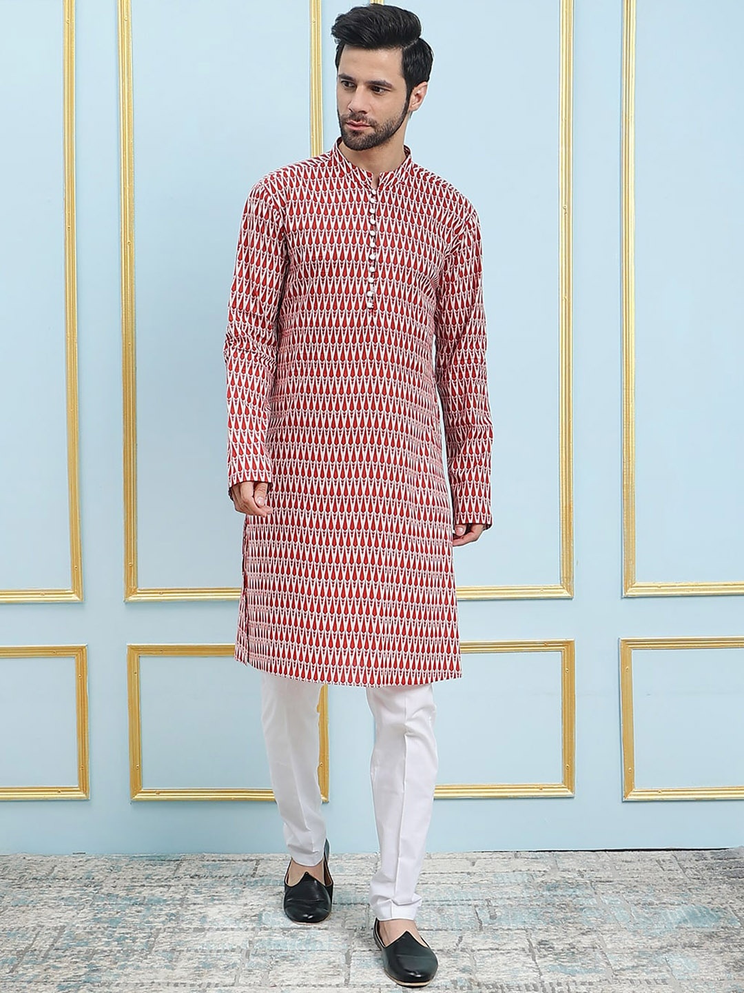 

See Designs Geometric Printed Mandarin Collar Straight Kurta, Red