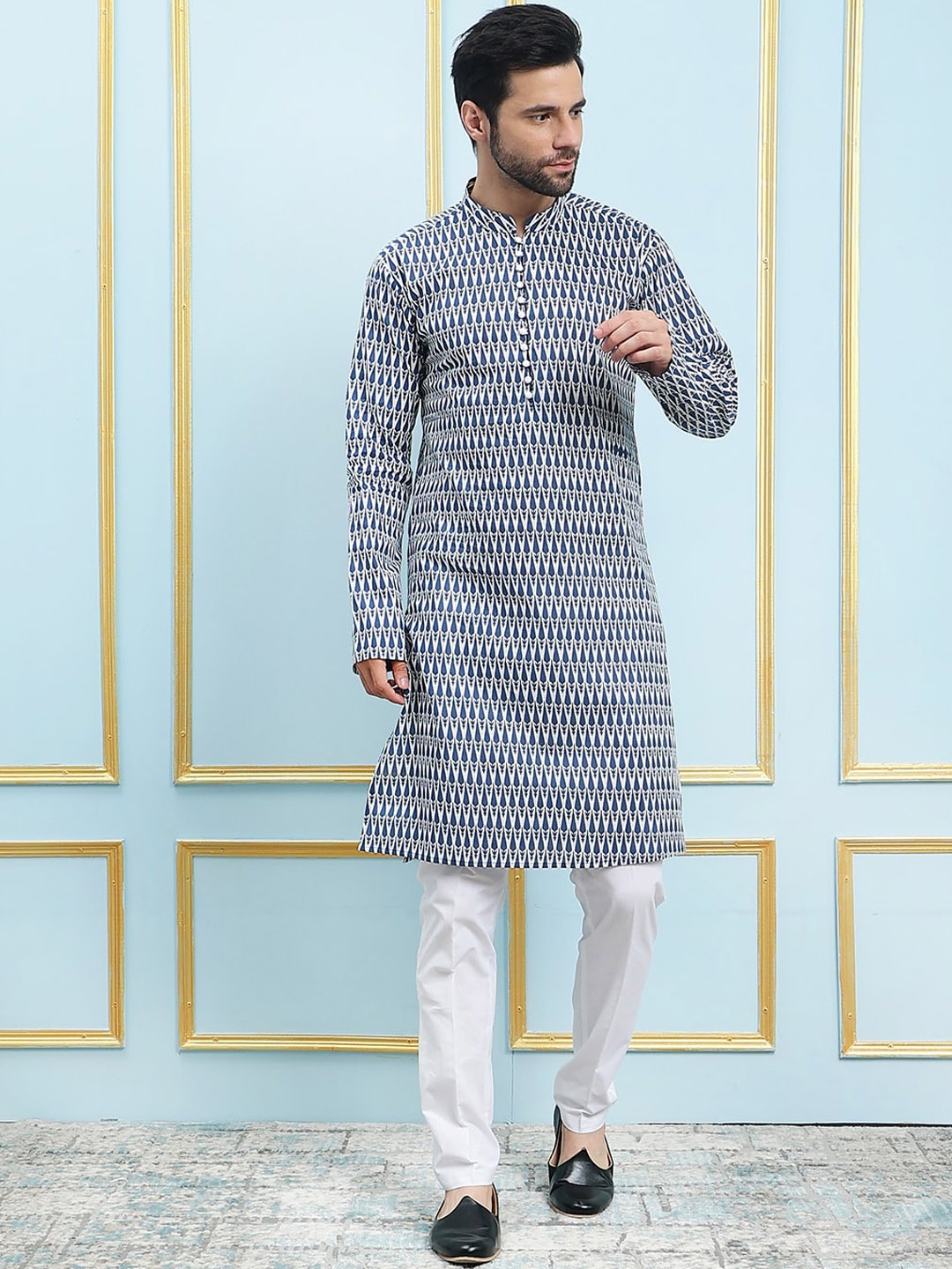 

See Designs Geometric Printed Pure Cotton Mandarin Collar Straight Kurta with Pyjamas, Blue
