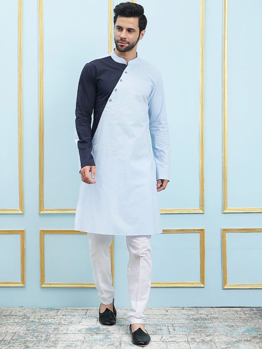 

See Designs Colorblocked Princess Panel Mandarin Collar Straight Kurta, Turquoise blue