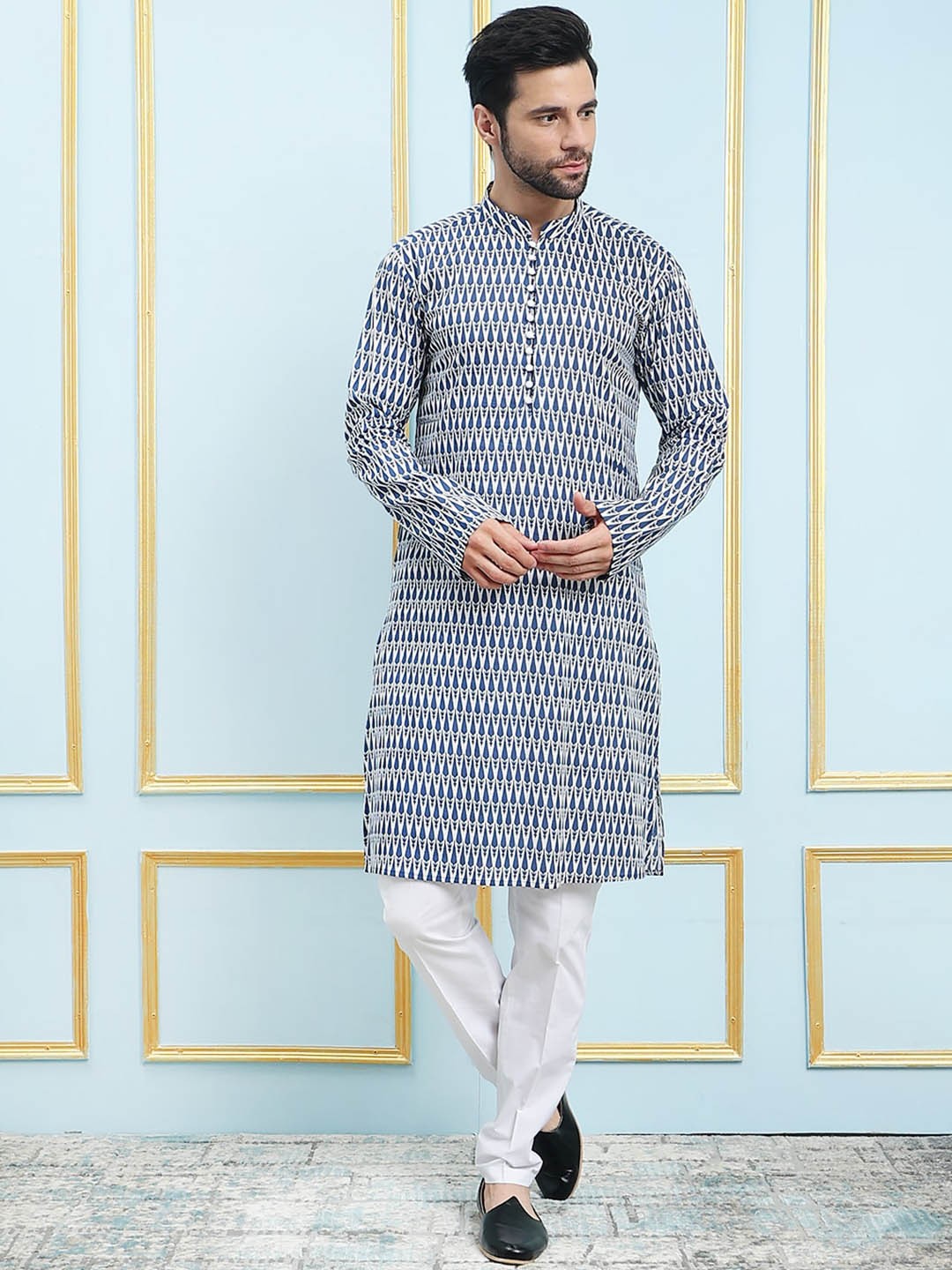 

See Designs Geometric Printed Mandarin Collar Long Sleeves Straight Kurta, Blue
