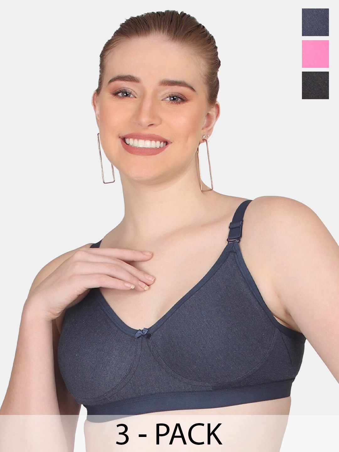 

POOJA RAGENEE Pack Of 3 All Day Comfort Cotton Bra Full Coverage, Navy blue