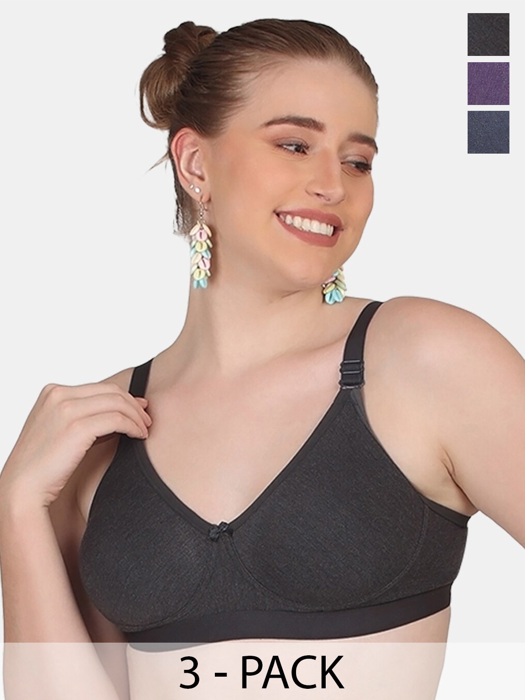 

POOJA RAGENEE Pack Of 3 All Day Comfort Cotton Bra Full Coverage, Black
