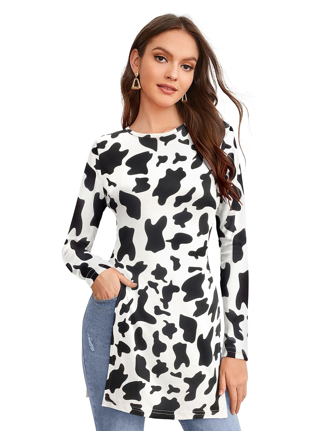 

BAESD Abstract Printed Round Neck Long Sleeves Tunic, White