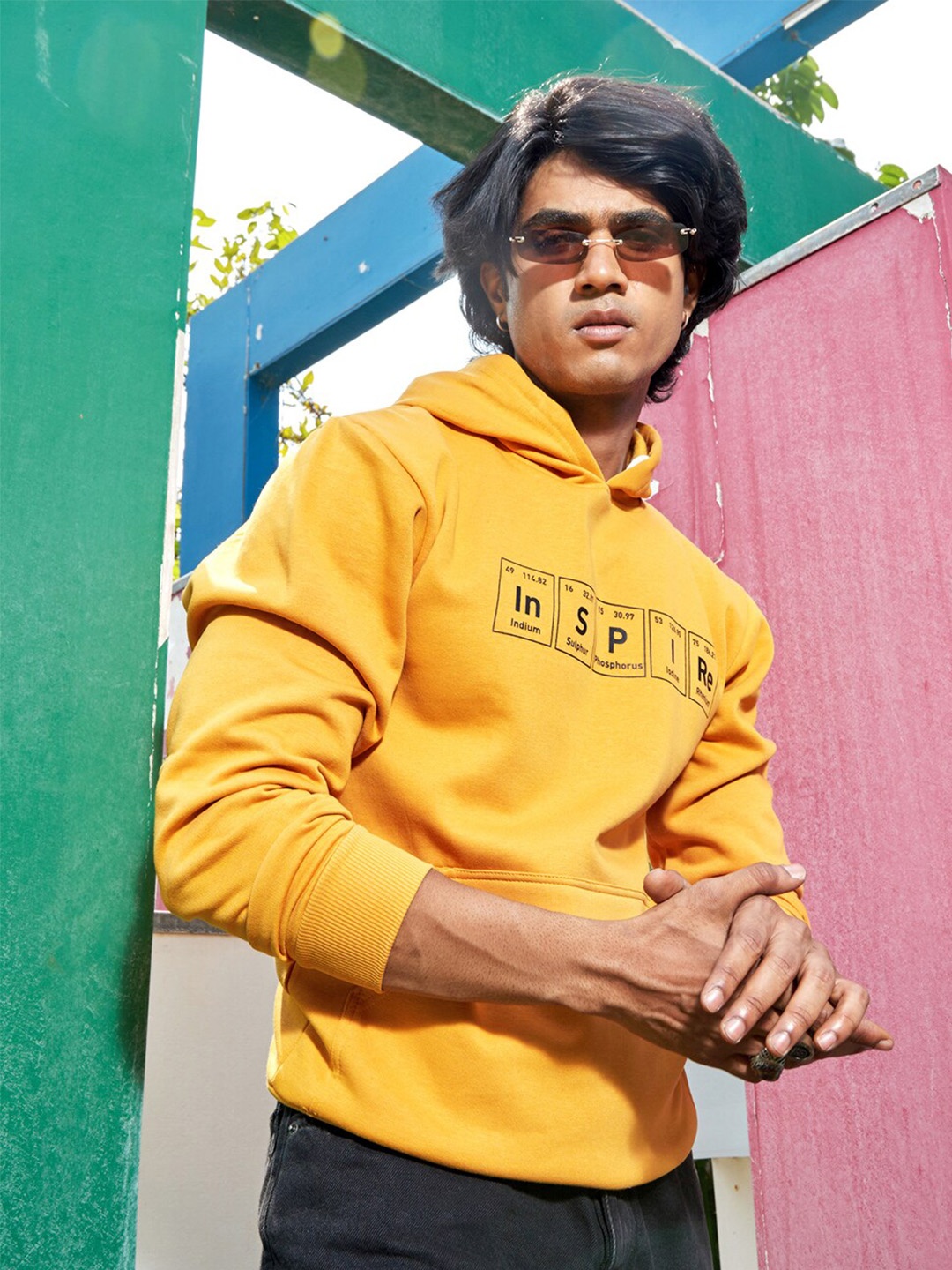 

Campus Sutra Printed Hooded Sweatshirt, Mustard