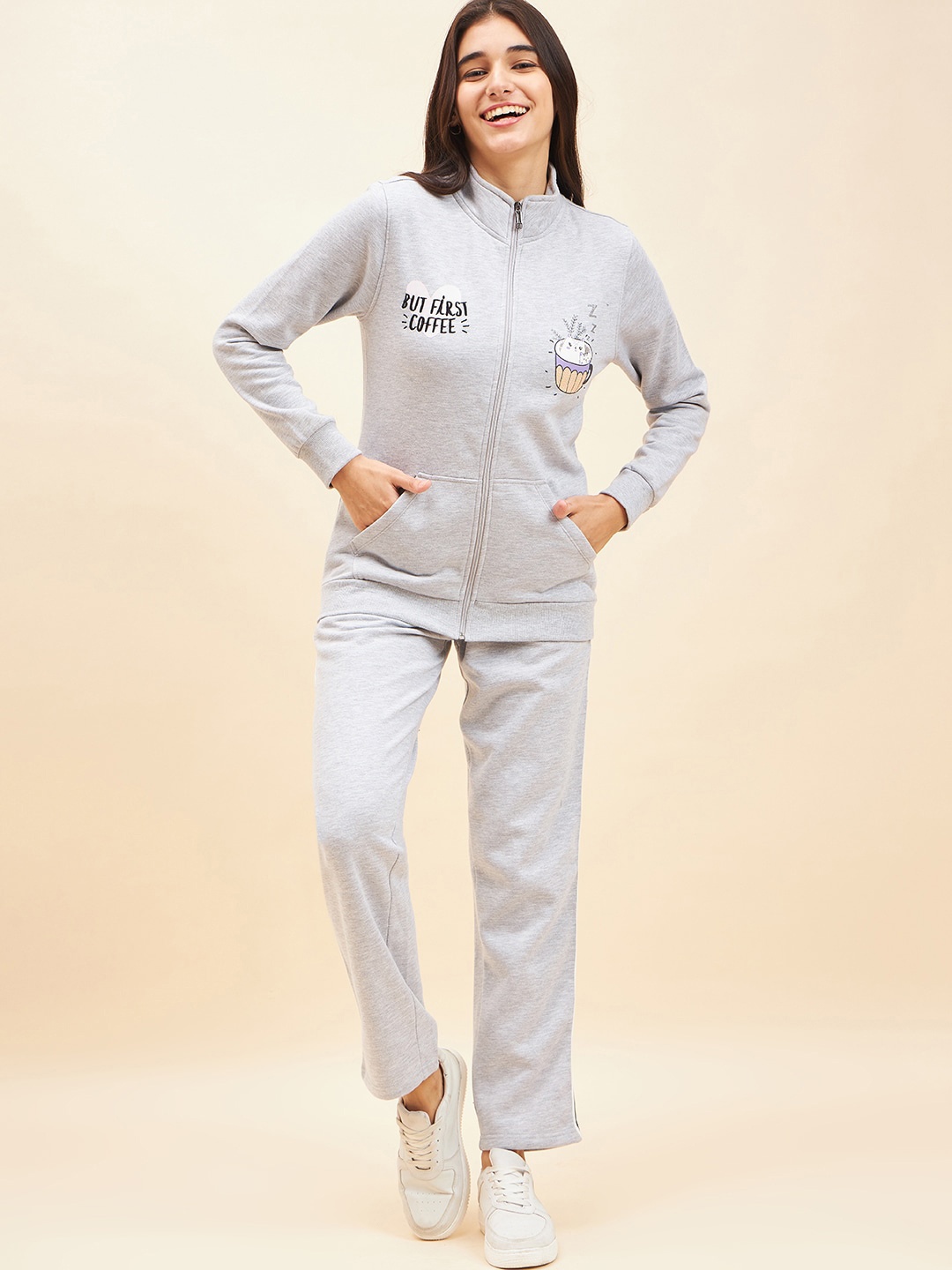 

ETC Grey High Neck Printed Fleece Sweatshirt With Trouser
