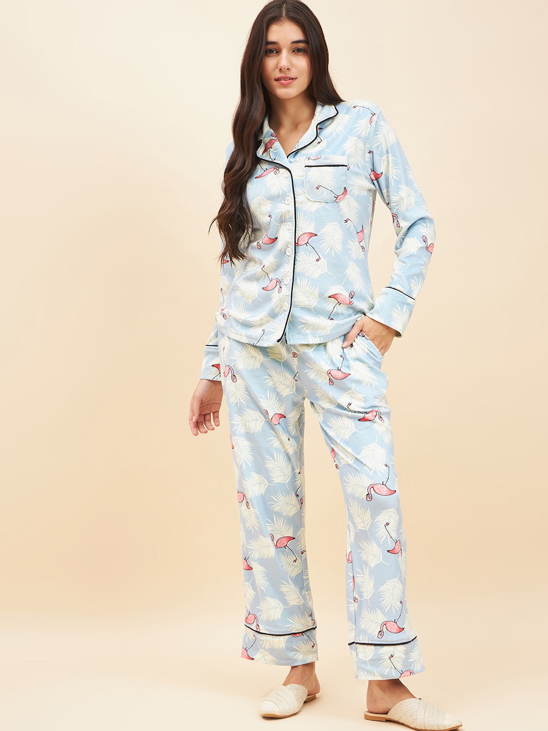 

ETC Printed Lapel Collar Shirt & Pyjamas, Blue